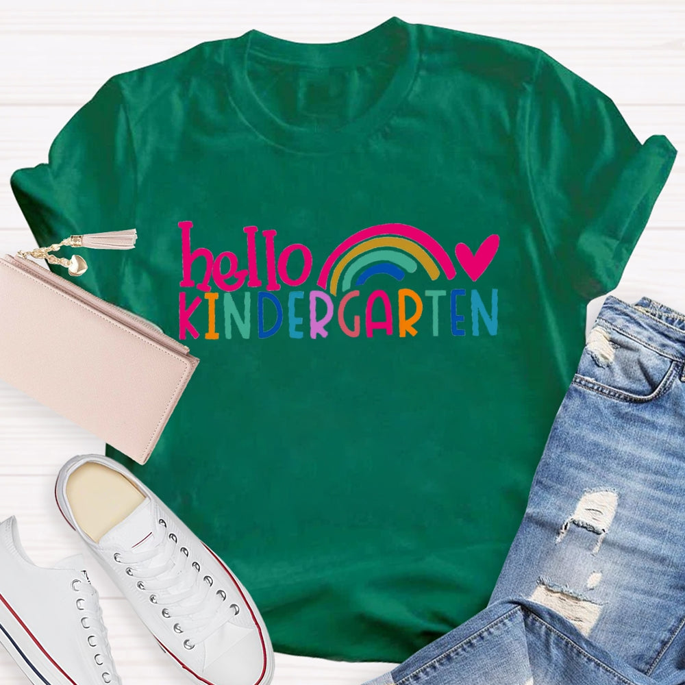 Personalized Grade Hello Kindergarten Pink Heart Rainbow Print T-shirt