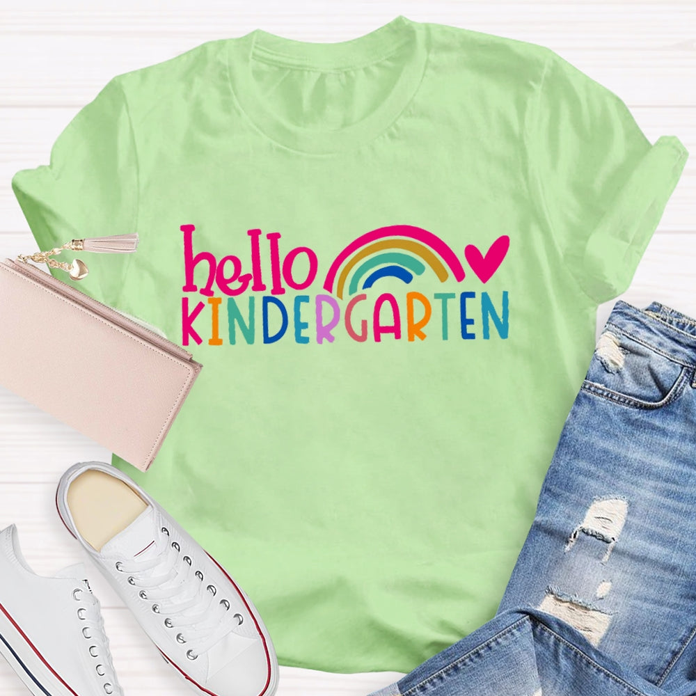 Personalized Grade Hello Kindergarten Pink Heart Rainbow Print T-shirt