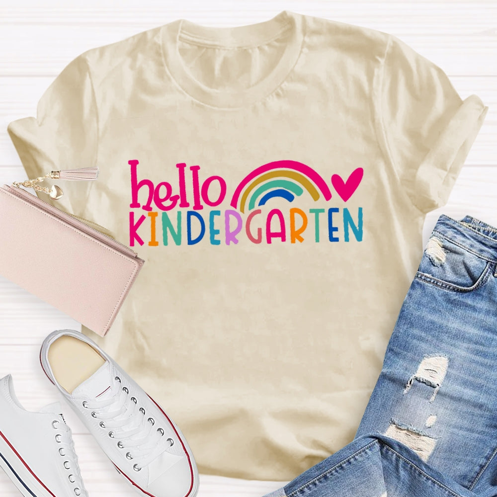Personalized Grade Hello Kindergarten Pink Heart Rainbow Print T-shirt