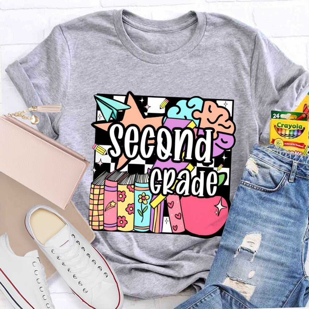 Personalized Grade Second Grade Colored Crayons Teacher T-shirt