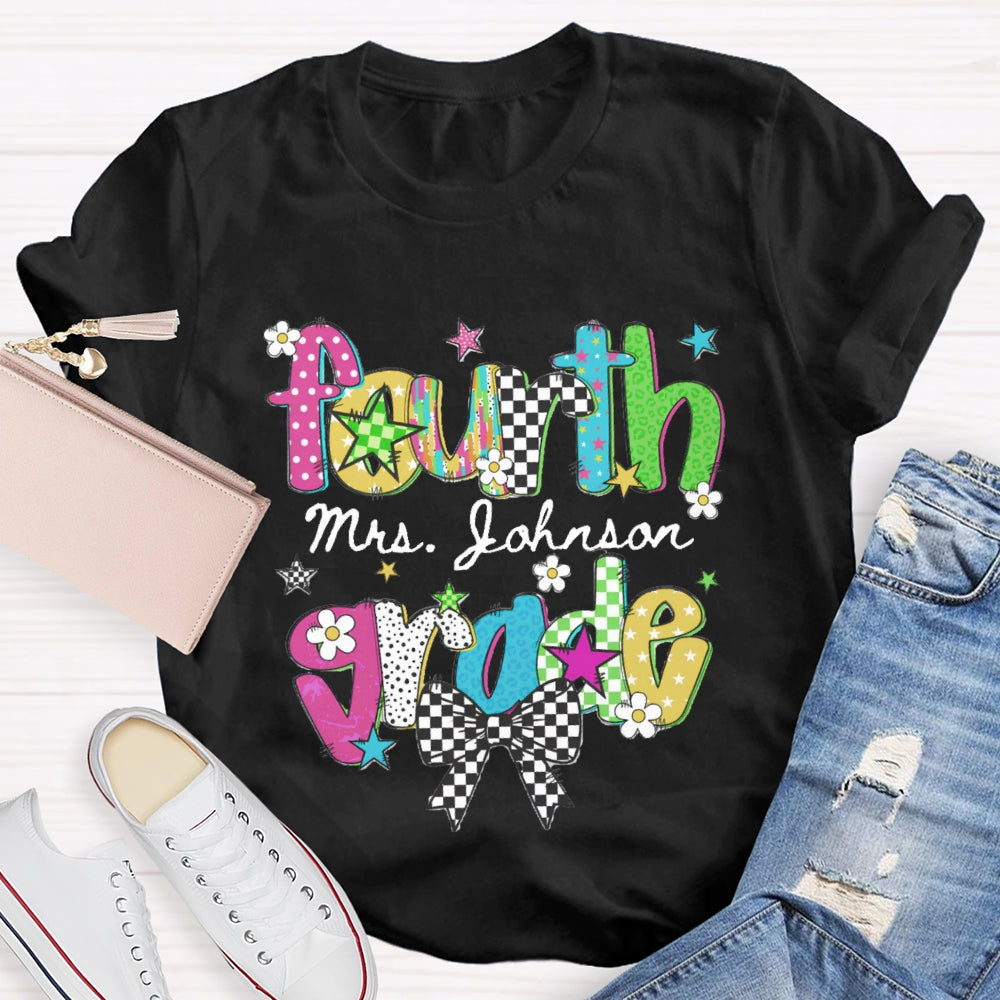 Personalized Name And Grade Fourth Grade Bow Teacher T-shirt