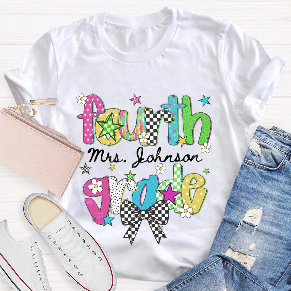 Personalized Name And Grade Fourth Grade Bow Teacher T-shirt