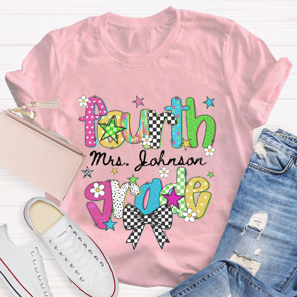 Personalized Name And Grade Fourth Grade Bow Teacher T-shirt