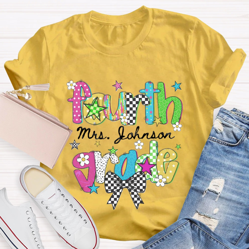 Personalized Name And Grade Fourth Grade Bow Teacher T-shirt