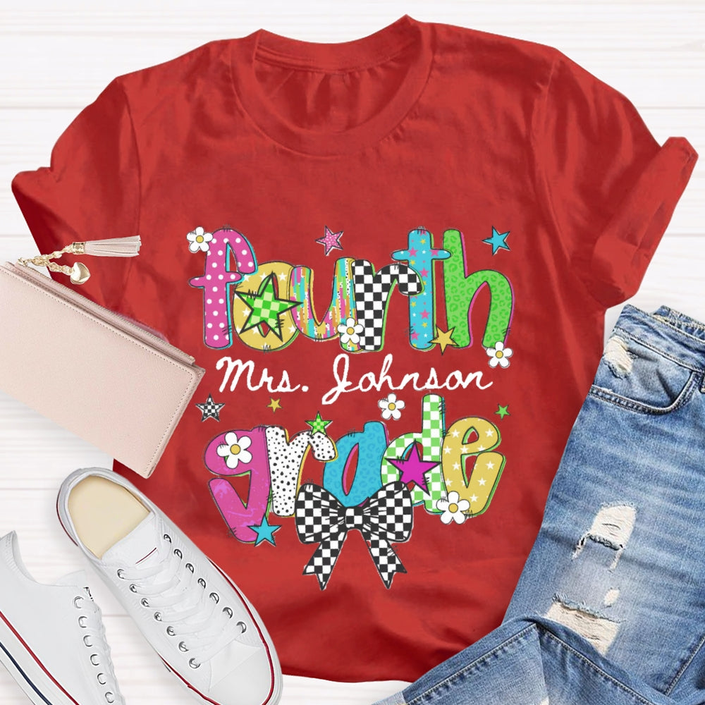 Personalized Name And Grade Fourth Grade Bow Teacher T-shirt