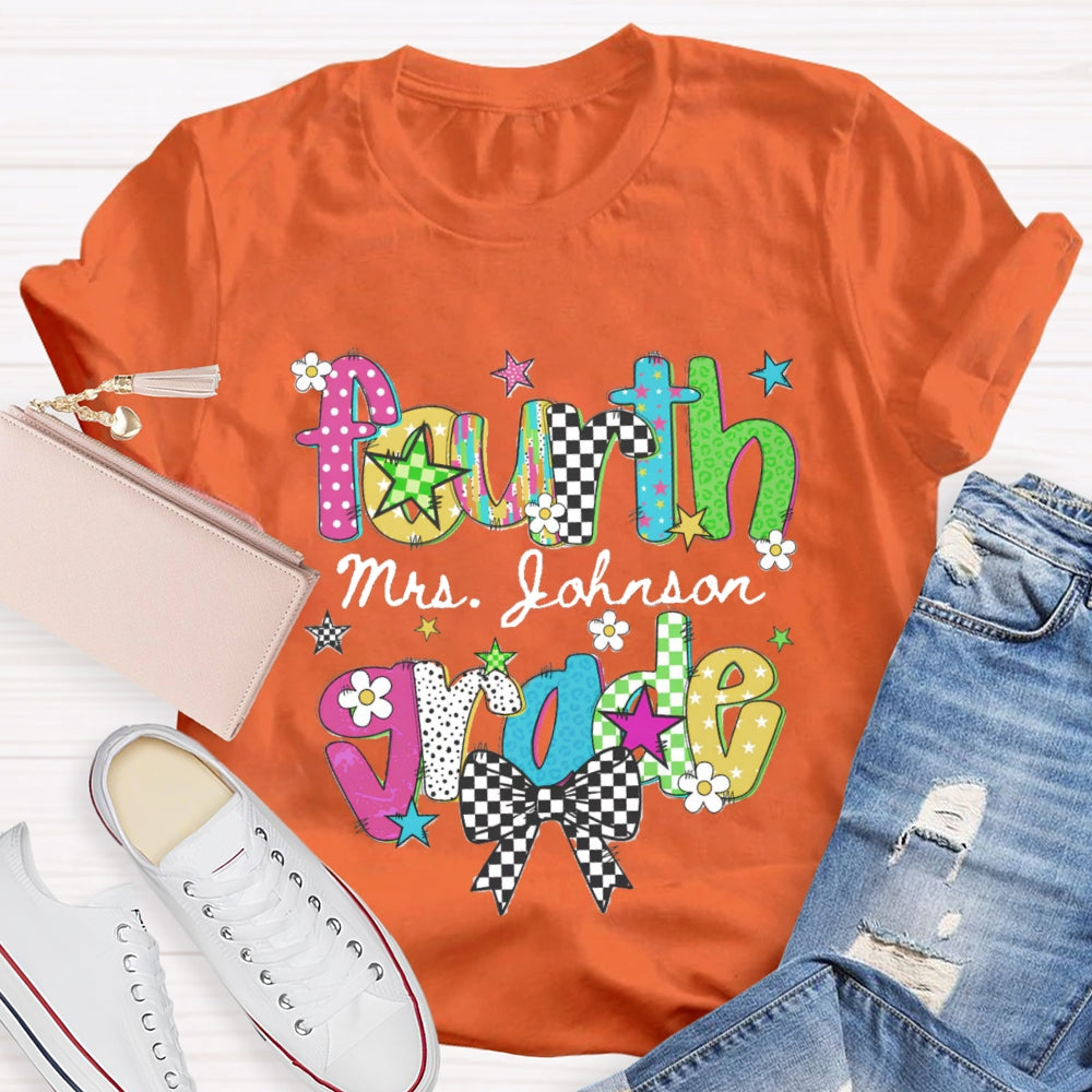 Personalized Name And Grade Fourth Grade Bow Teacher T-shirt