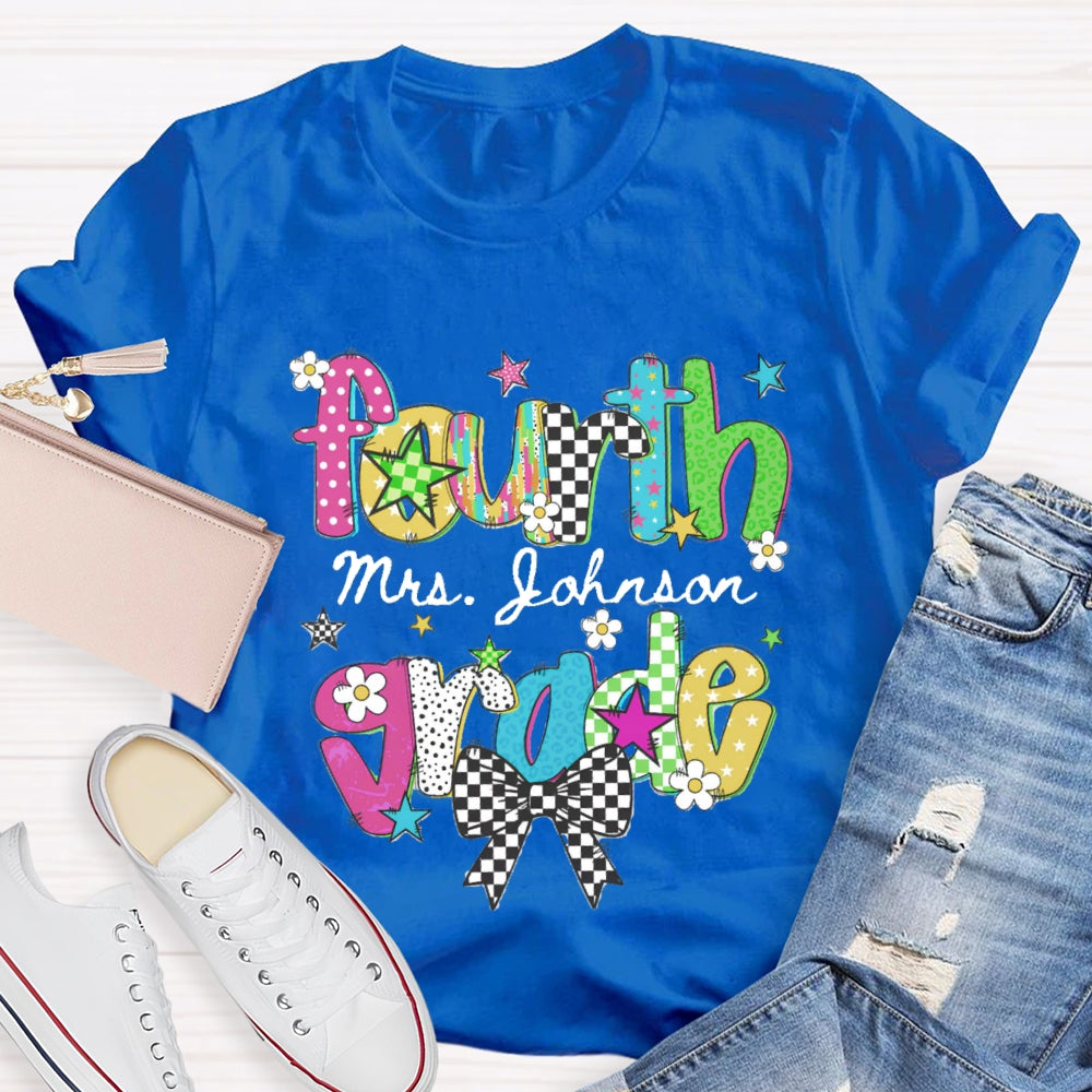 Personalized Name And Grade Fourth Grade Bow Teacher T-shirt