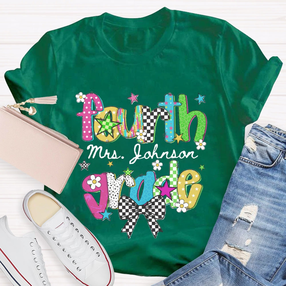 Personalized Name And Grade Fourth Grade Bow Teacher T-shirt