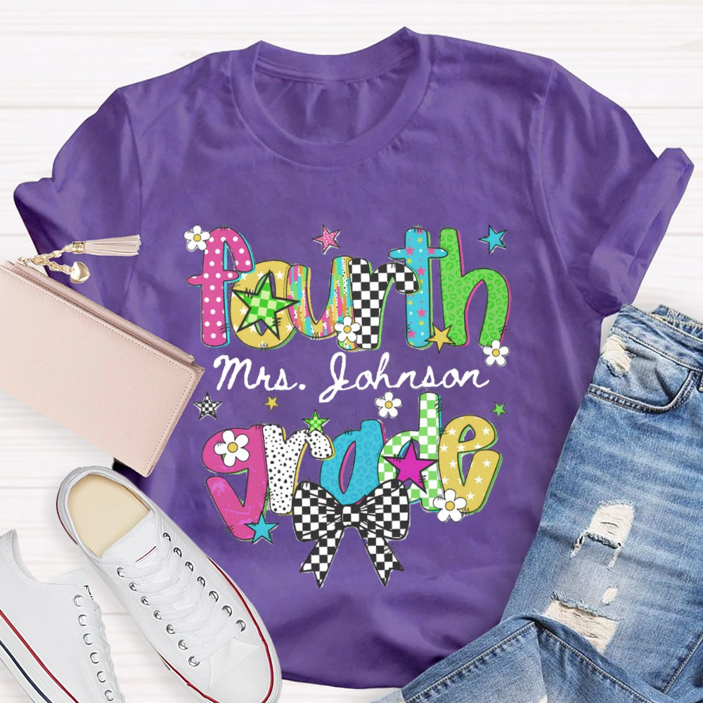 Personalized Name And Grade Fourth Grade Bow Teacher T-shirt