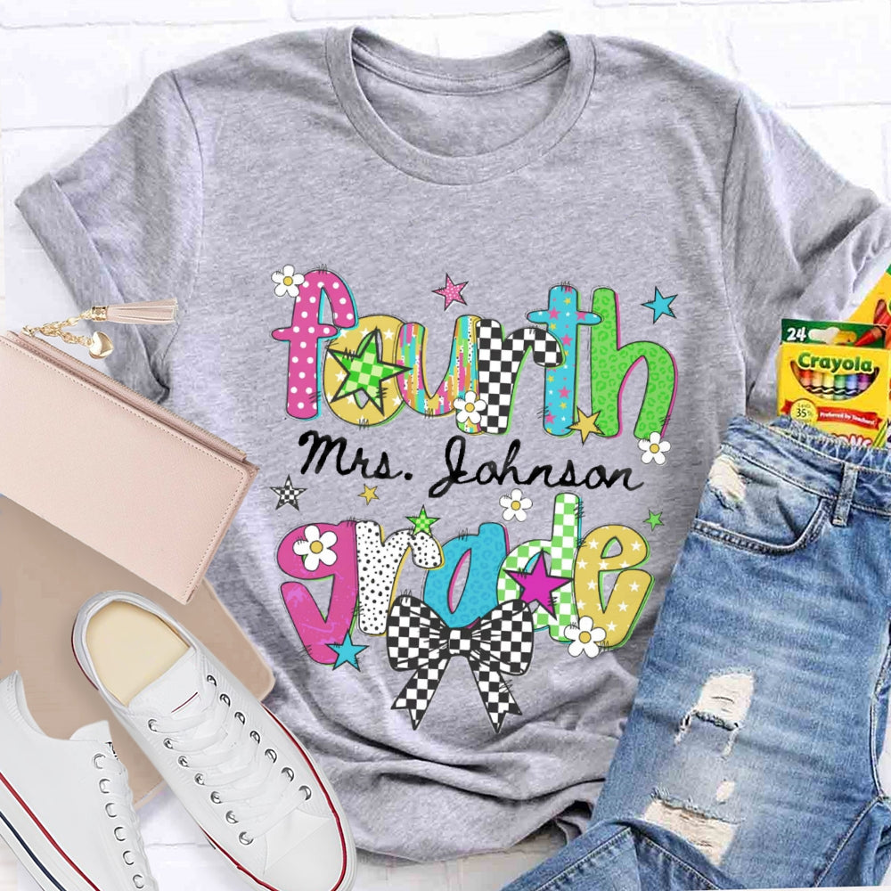 Personalized Name And Grade Fourth Grade Bow Teacher T-shirt