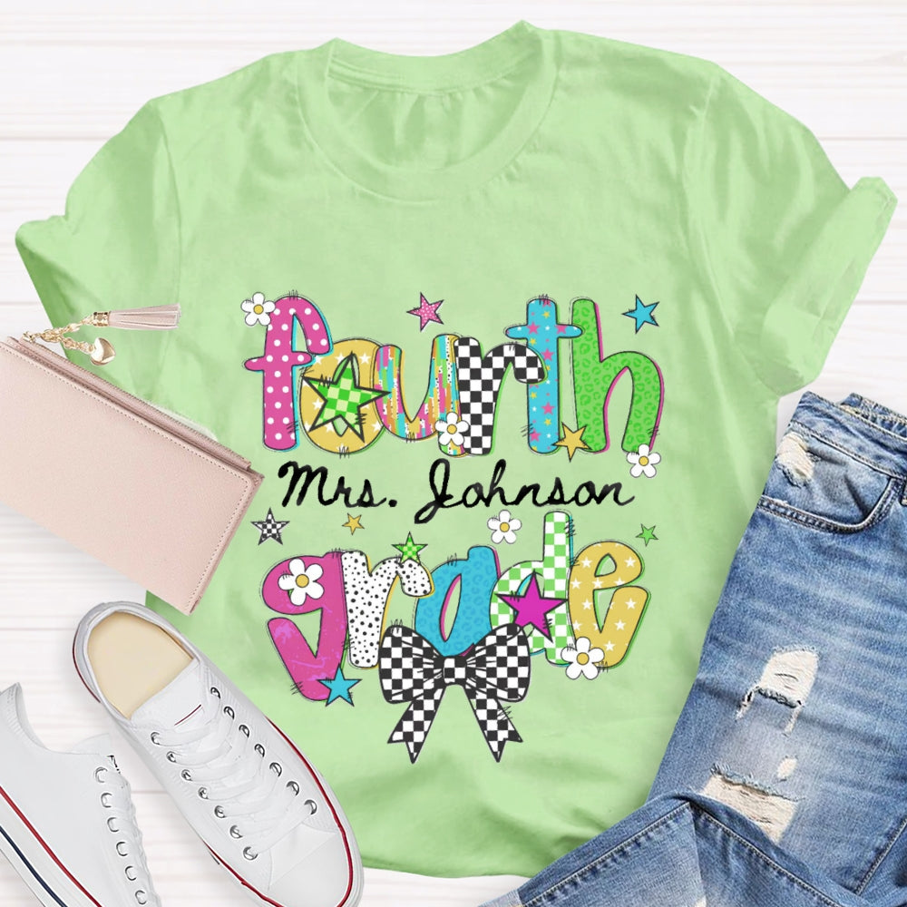 Personalized Name And Grade Fourth Grade Bow Teacher T-shirt