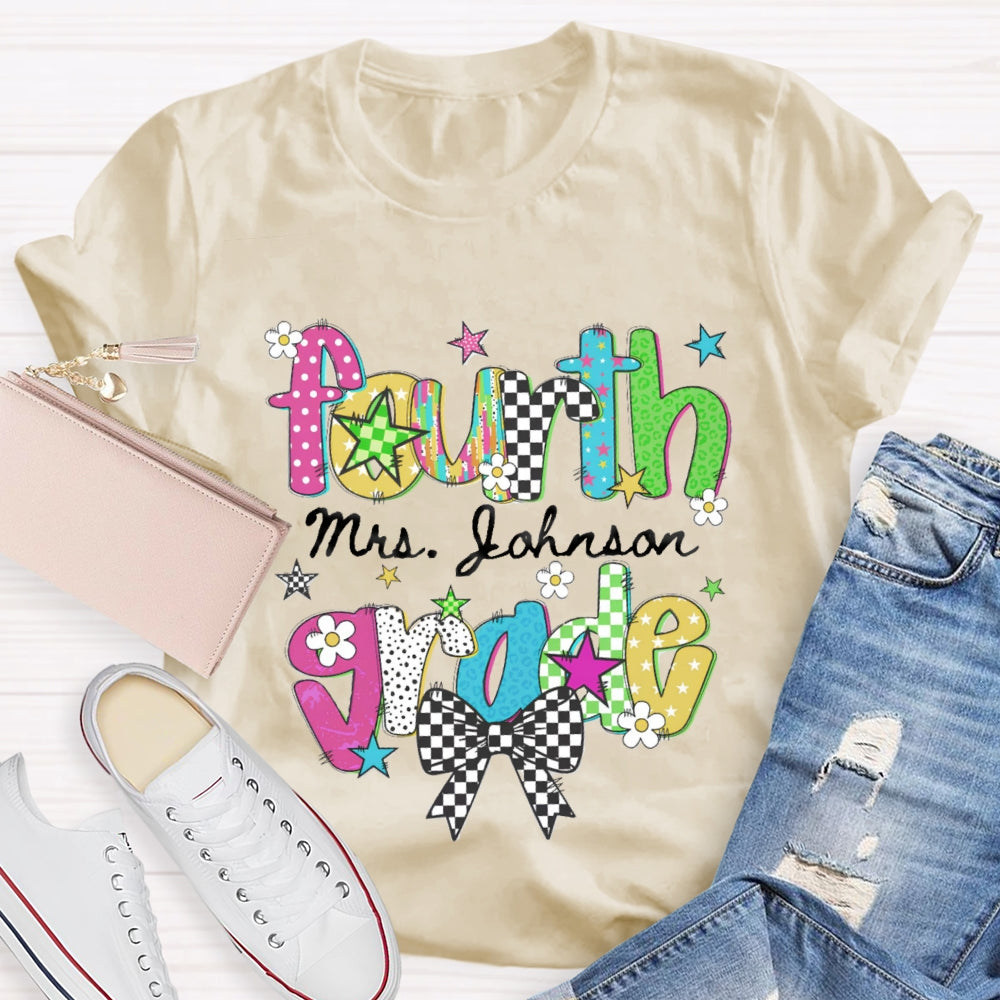 Personalized Name And Grade Fourth Grade Bow Teacher T-shirt