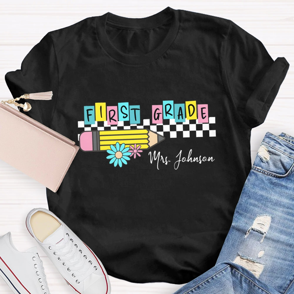 Personalized Grade And Name Color Block Pencil Daisy Printed T-shirt