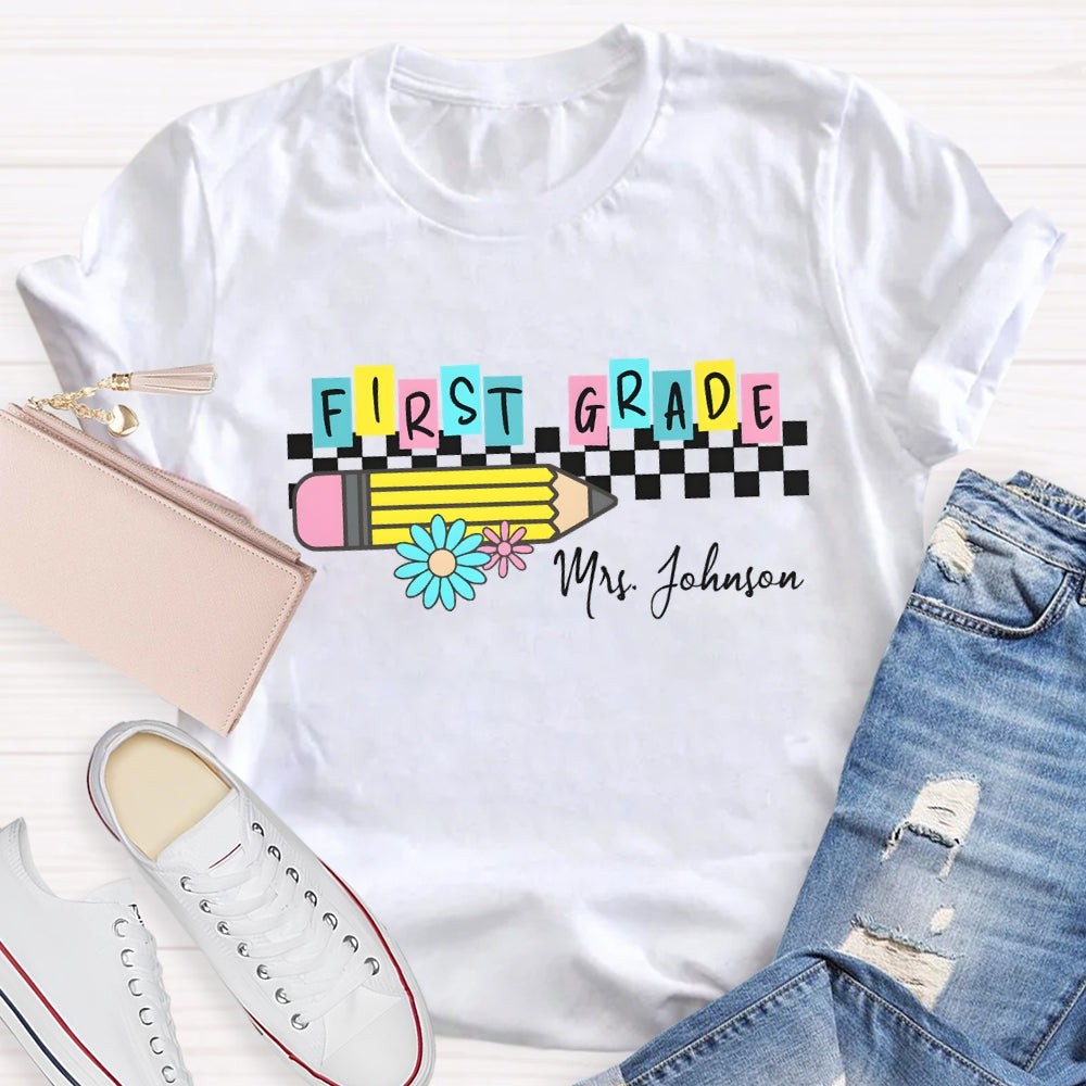 Personalized Grade And Name Color Block Pencil Daisy Printed T-shirt