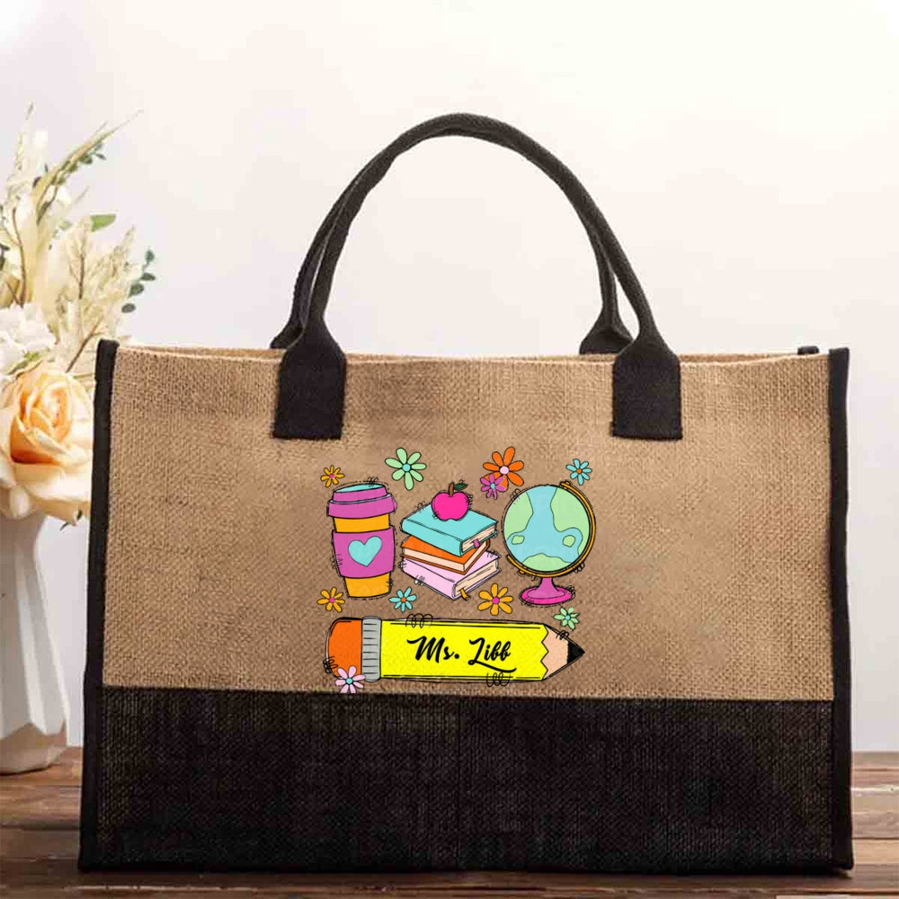 Personalized Name Coffee Color Block Back To School Cotton Tote Bag