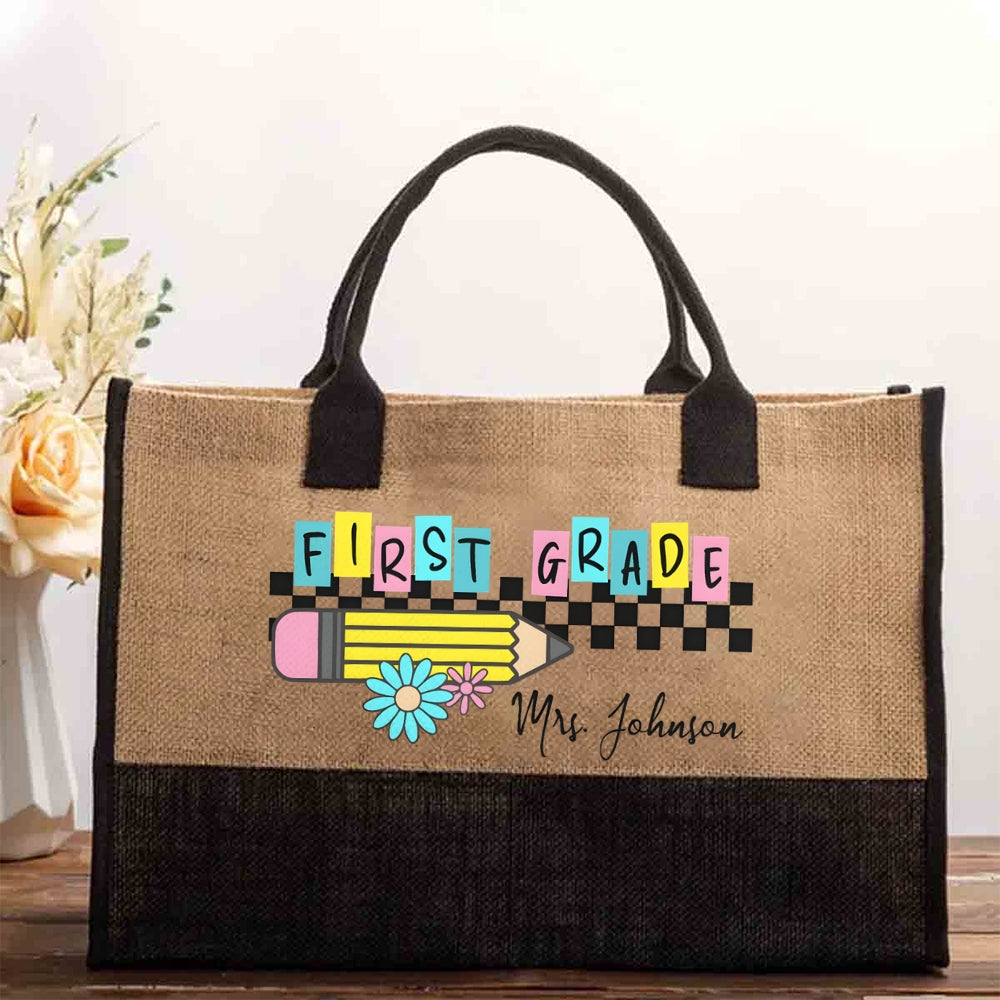 Personalized Grade And Name Color Block Pencil Daisy Cotton Tote Bag