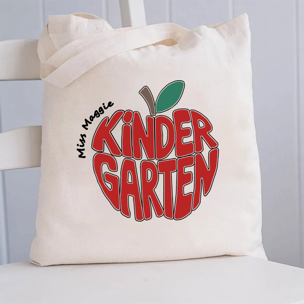 Personalized Kinder Garden Teacher Name Red Apple Canvas Tote Bag