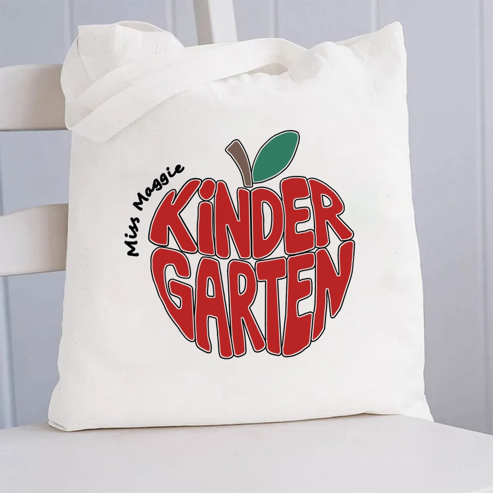 Personalized Kinder Garden Teacher Name Red Apple Canvas Tote Bag
