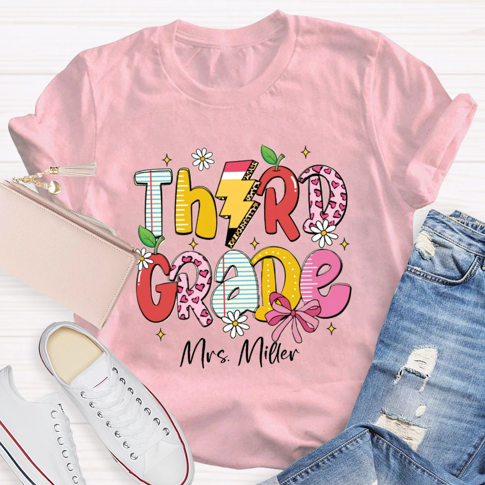 Personalized Grade And Name Pink Heart Apple Pencil T-shirt