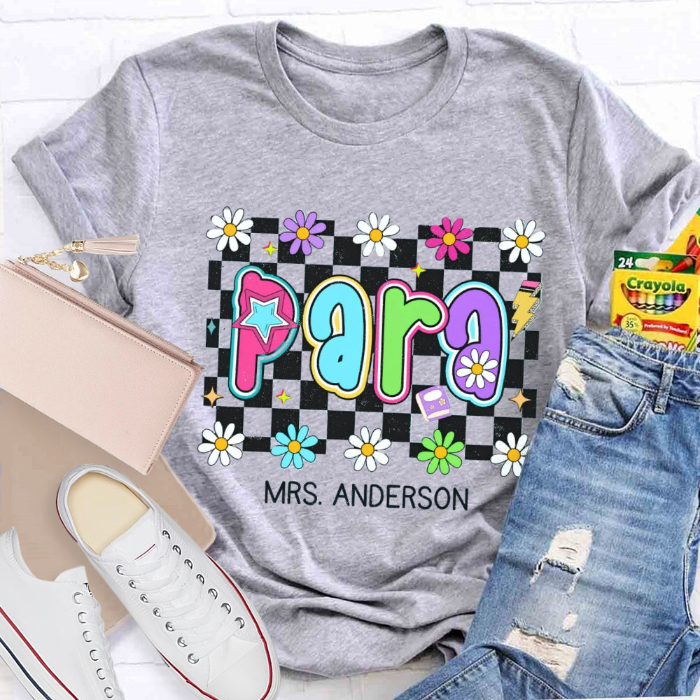 Personalized Para Teacher Name Checkerboard Flower T-shirt