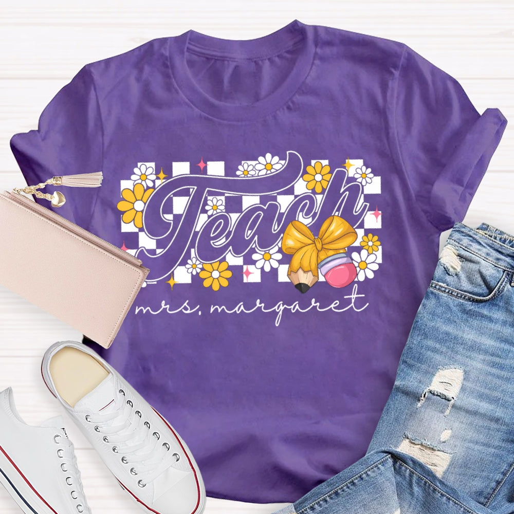 Personalized Name Yellow Flowers And Bow Teacher T-shirt