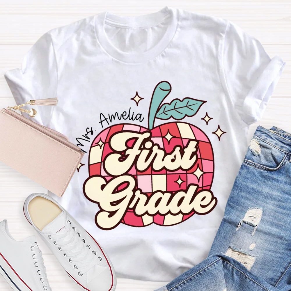 Personalized Name And Grade First Grade Red Checkered Apple Pattern T-shirt
