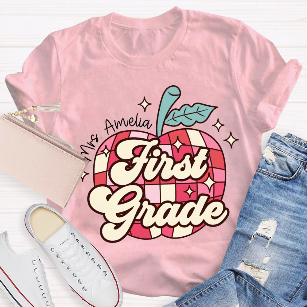 Personalized Name And Grade First Grade Red Checkered Apple Pattern T-shirt