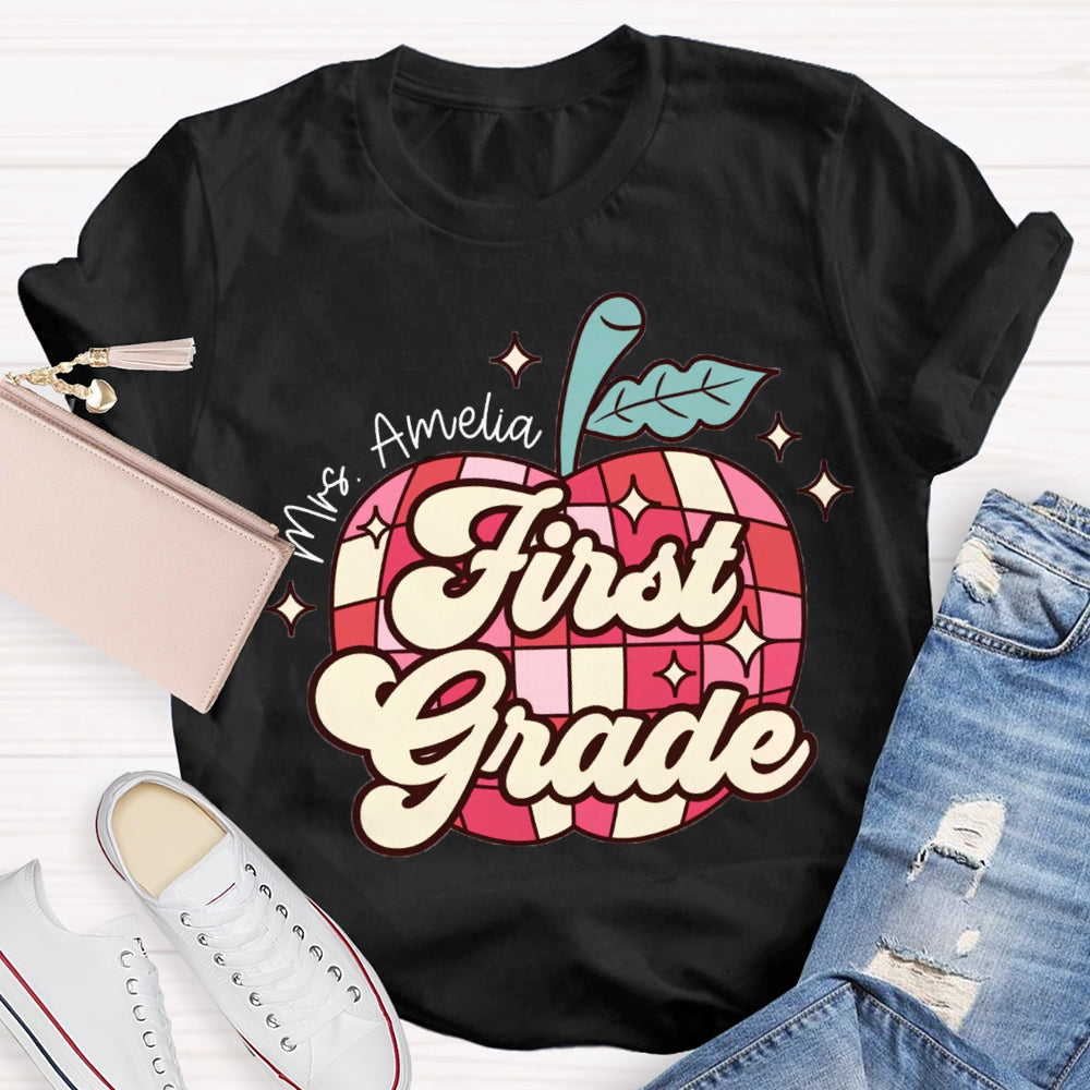 Personalized Name And Grade First Grade Red Checkered Apple Pattern T-shirt