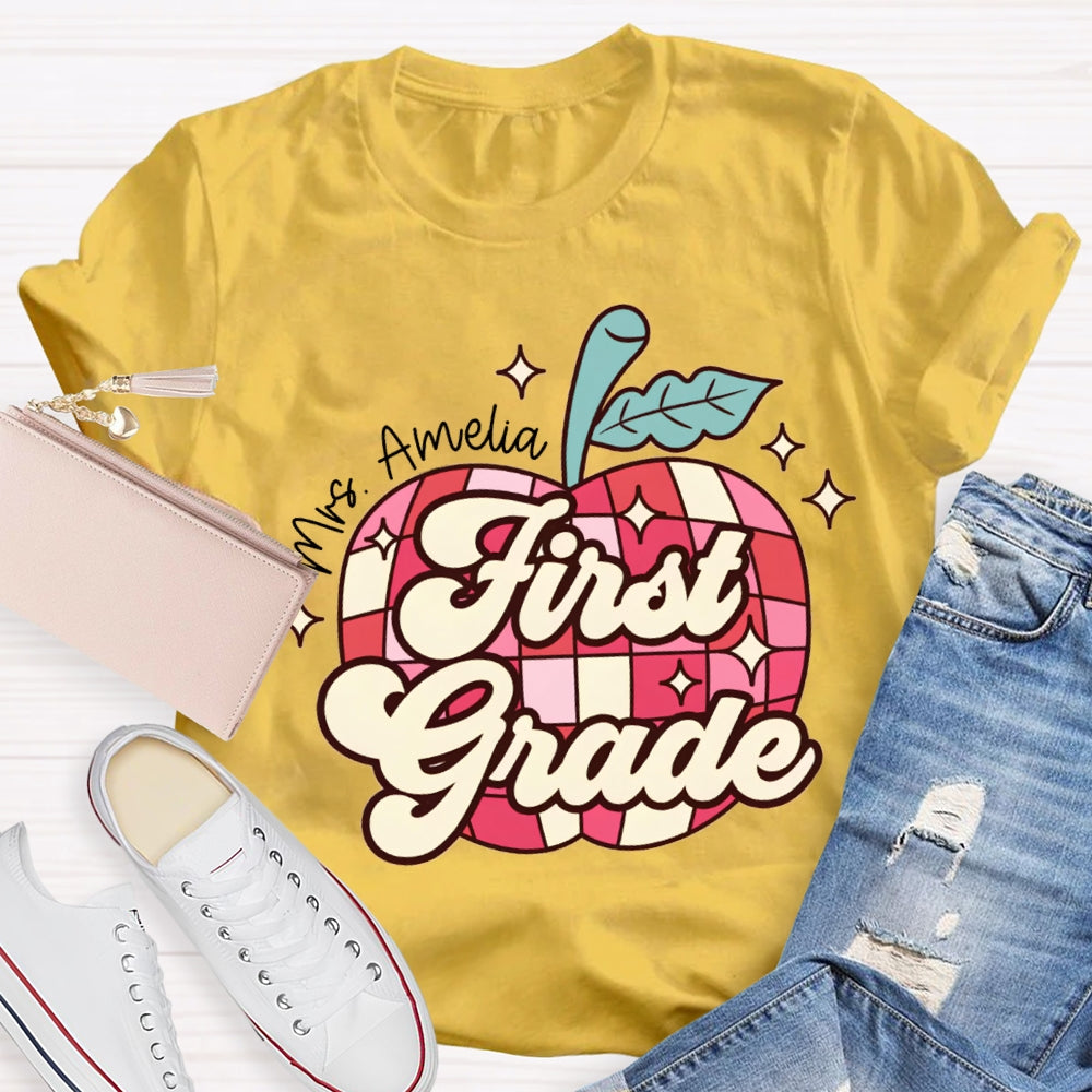 Personalized Name And Grade First Grade Red Checkered Apple Pattern T-shirt