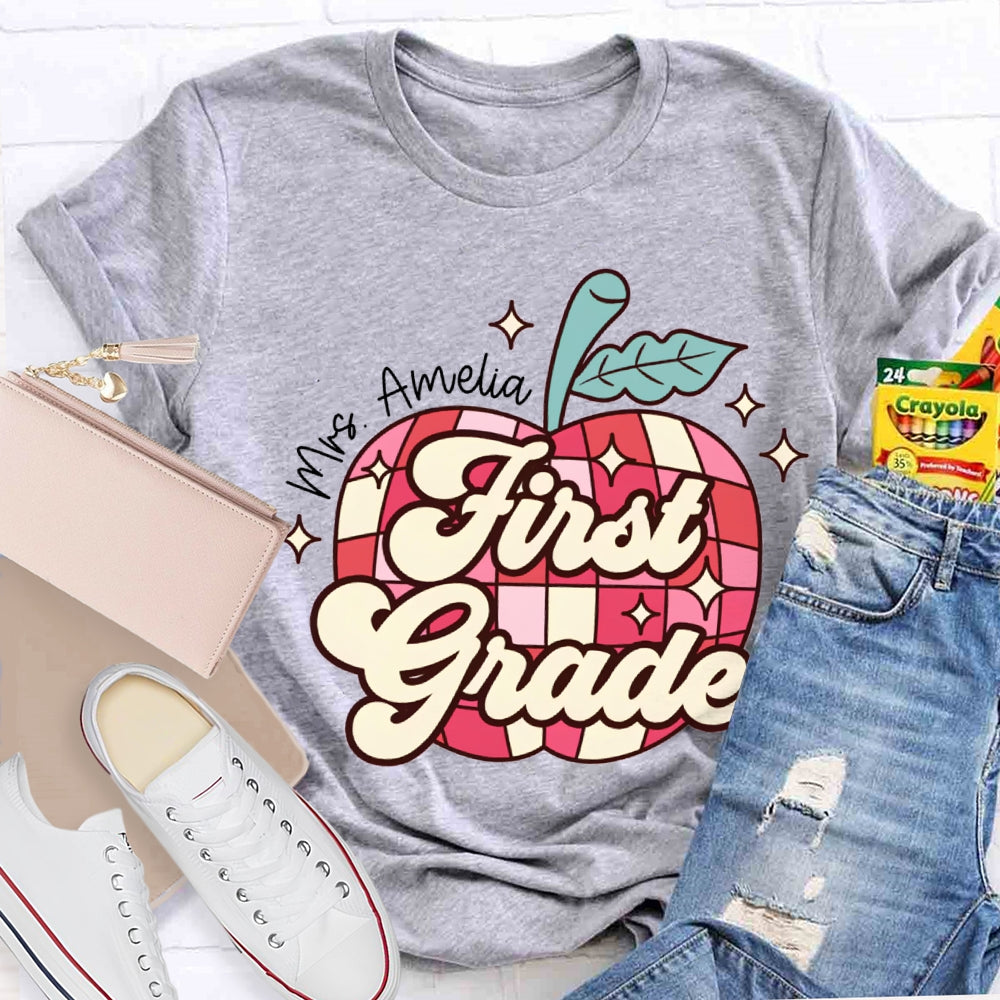 Personalized Name And Grade First Grade Red Checkered Apple Pattern T-shirt