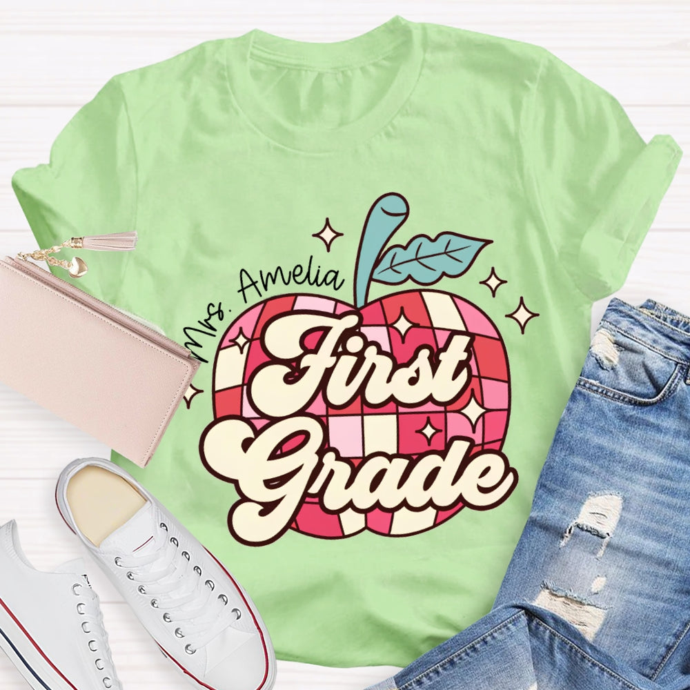 Personalized Name And Grade First Grade Red Checkered Apple Pattern T-shirt