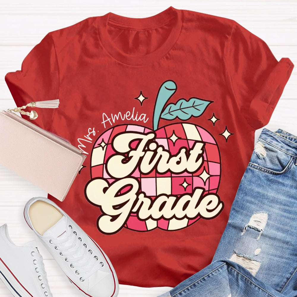 Personalized Name And Grade First Grade Red Checkered Apple Pattern T-shirt