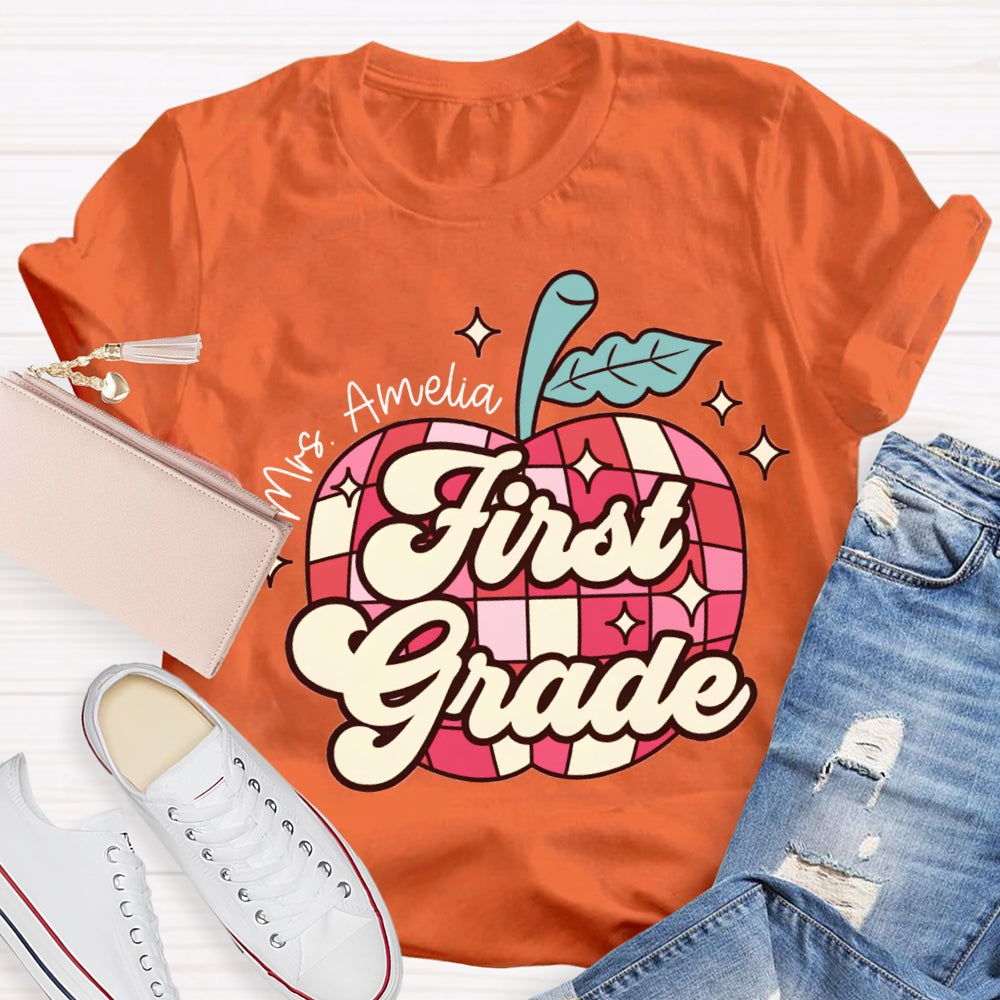 Personalized Name And Grade First Grade Red Checkered Apple Pattern T-shirt