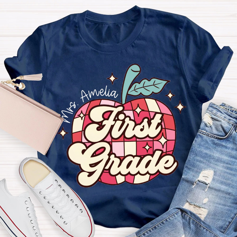Personalized Name And Grade First Grade Red Checkered Apple Pattern T-shirt