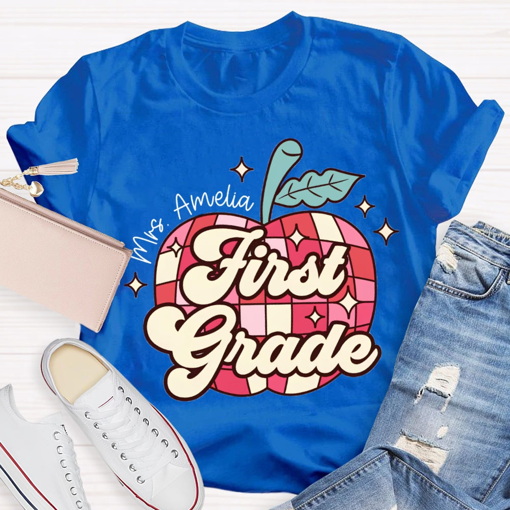 Personalized Name And Grade First Grade Red Checkered Apple Pattern T-shirt