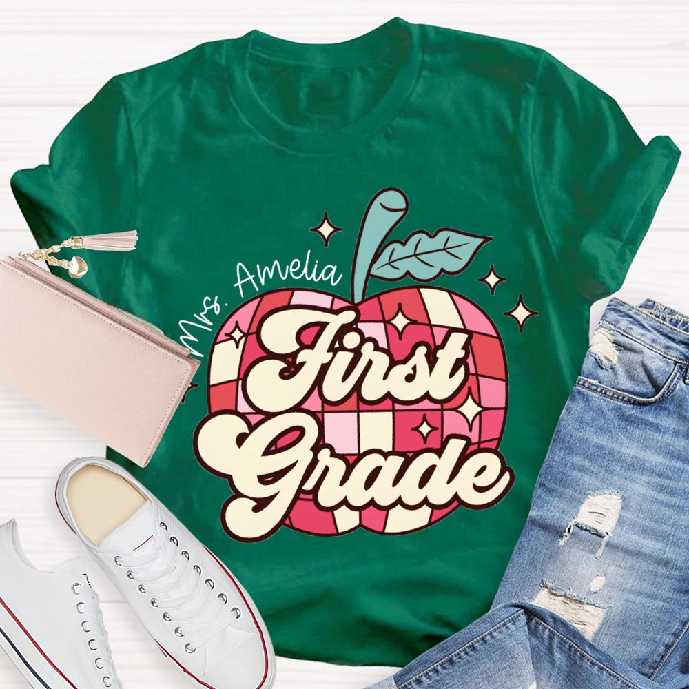 Personalized Name And Grade First Grade Red Checkered Apple Pattern T-shirt