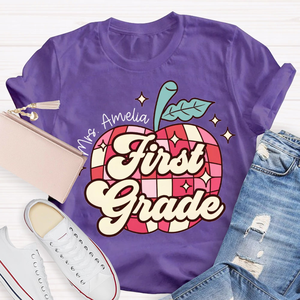 Personalized Name And Grade First Grade Red Checkered Apple Pattern T-shirt