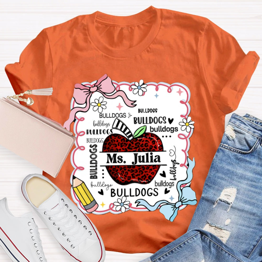 Personalized Name And Mascot Bulldogs Red Leopard Apple T-shirt
