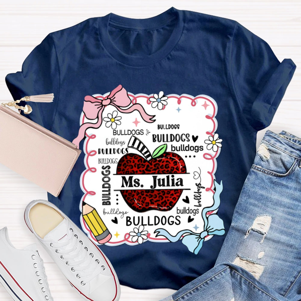 Personalized Name And Mascot Bulldogs Red Leopard Apple T-shirt