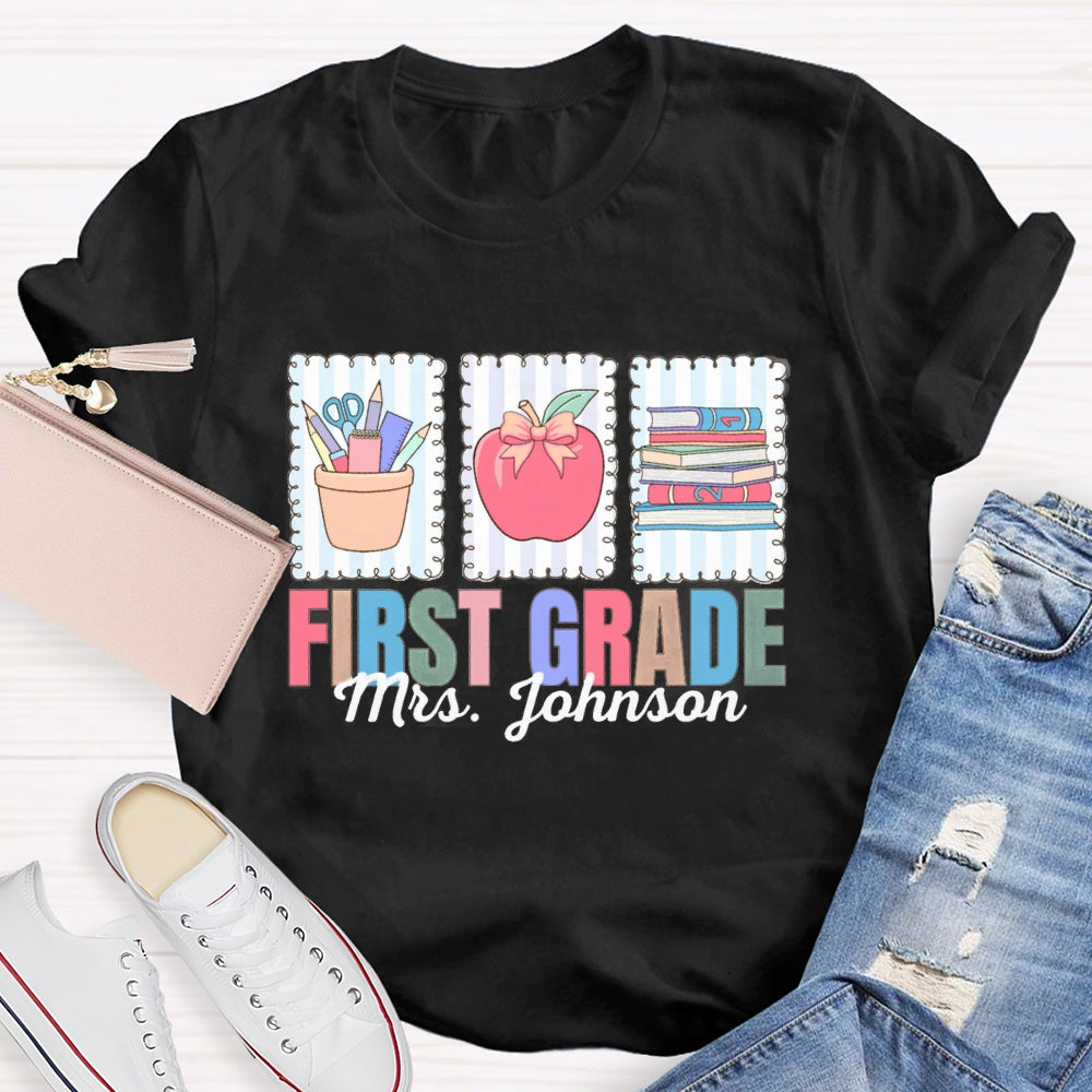 Personalized Name And Grade First Grade Apple And Books T-shirt