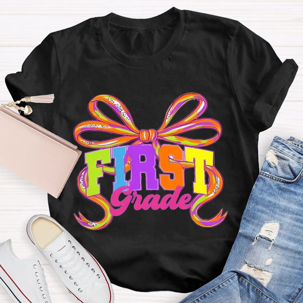 Personalized Grade First Grade Colorful Bow T-shirt