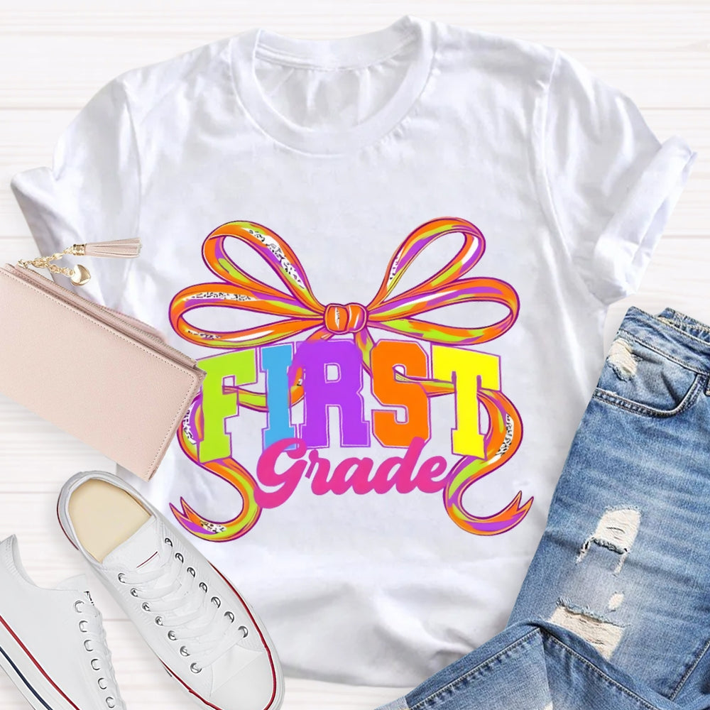 Personalized Grade First Grade Colorful Bow T-shirt
