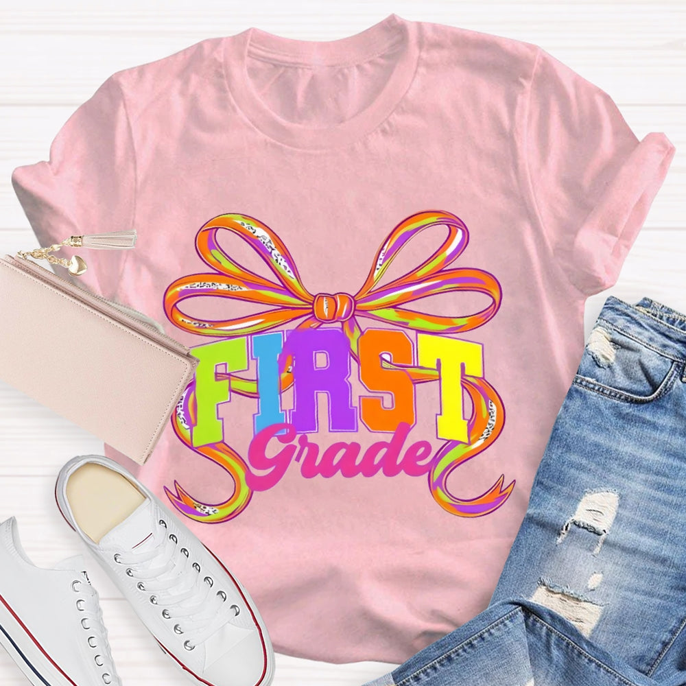Personalized Grade First Grade Colorful Bow T-shirt