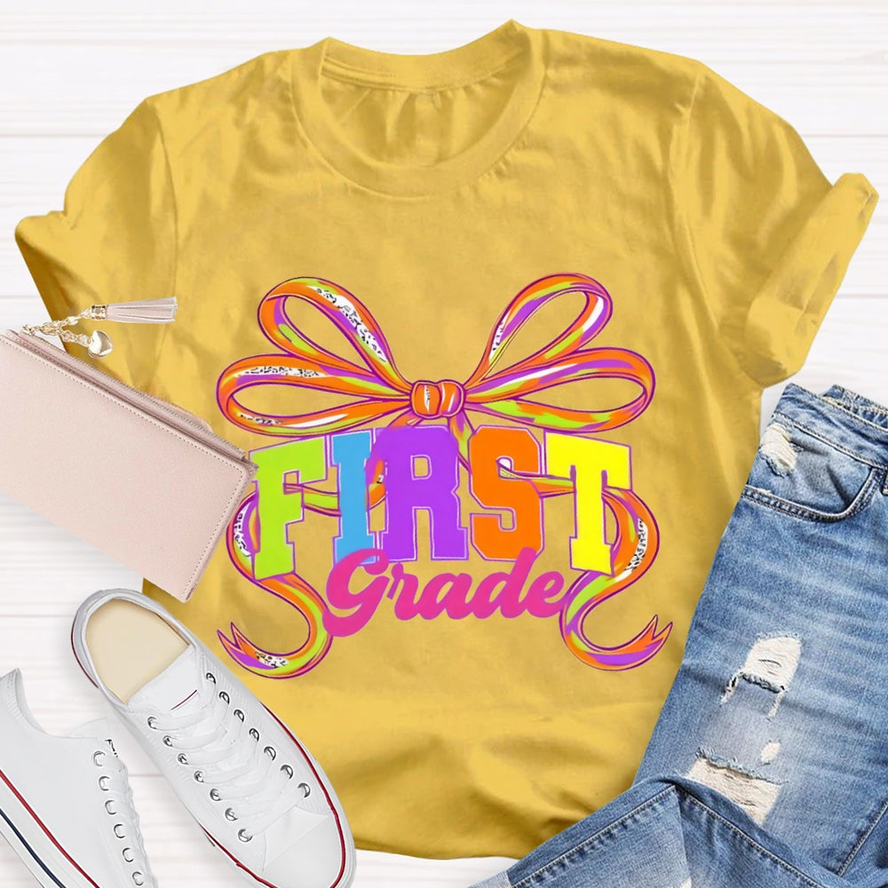 Personalized Grade First Grade Colorful Bow T-shirt