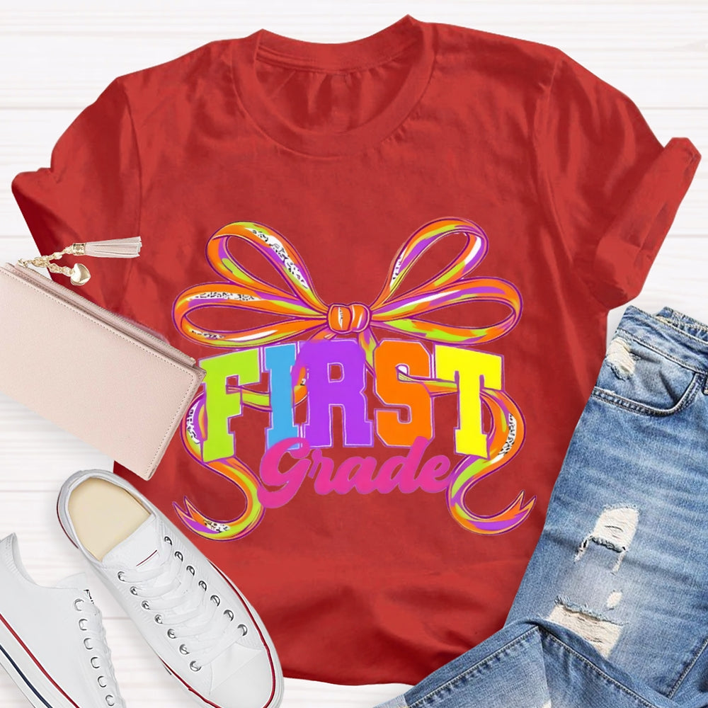 Personalized Grade First Grade Colorful Bow T-shirt