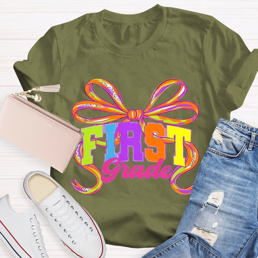 Personalized Grade First Grade Colorful Bow T-shirt