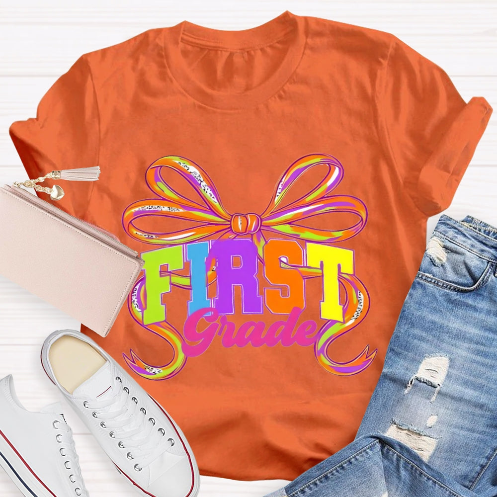 Personalized Grade First Grade Colorful Bow T-shirt
