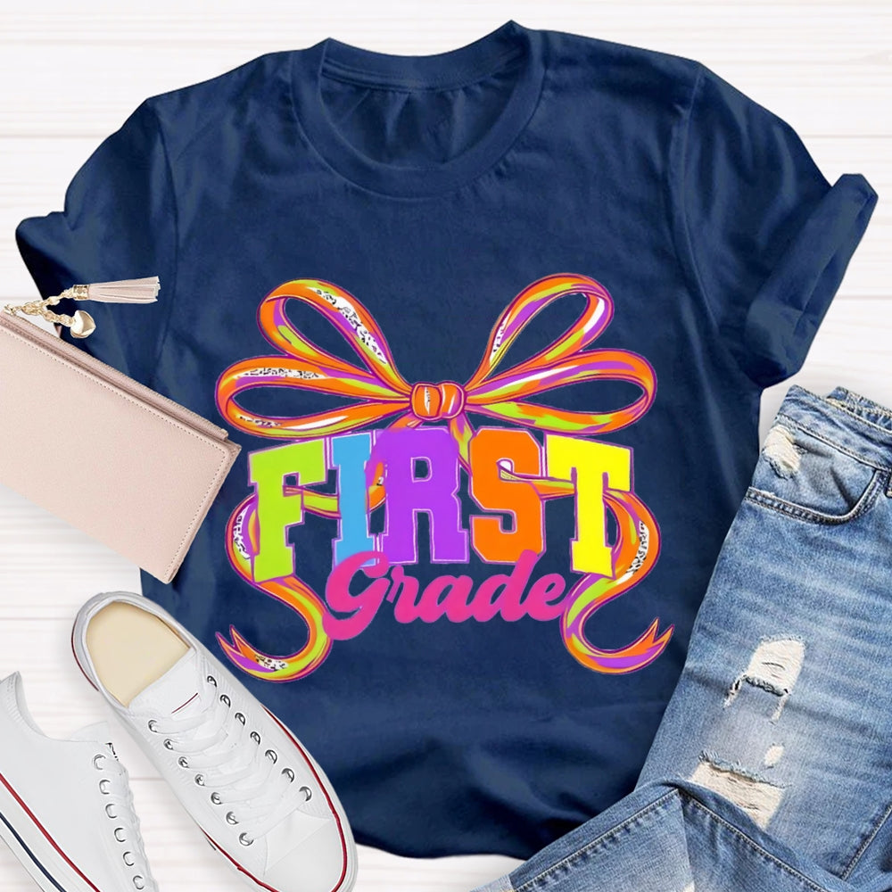 Personalized Grade First Grade Colorful Bow T-shirt