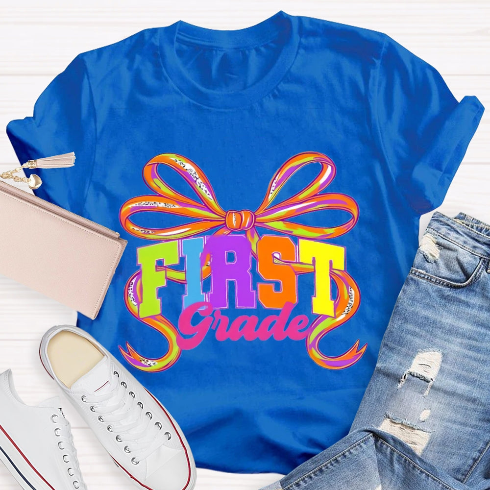 Personalized Grade First Grade Colorful Bow T-shirt