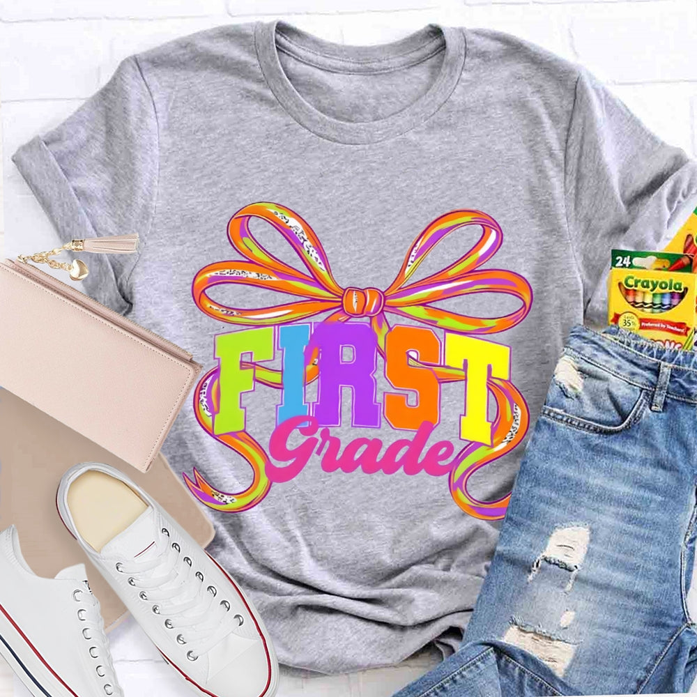 Personalized Grade First Grade Colorful Bow T-shirt